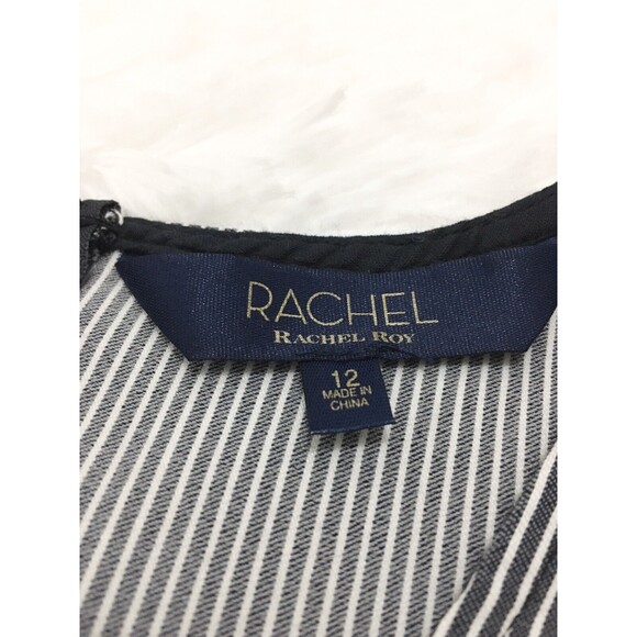 Rachel Roy Dress Navy Blue Striped Faux-Wrap Size 12 Ruffle Waist Tie Sleeveles - Picture 3 of 9